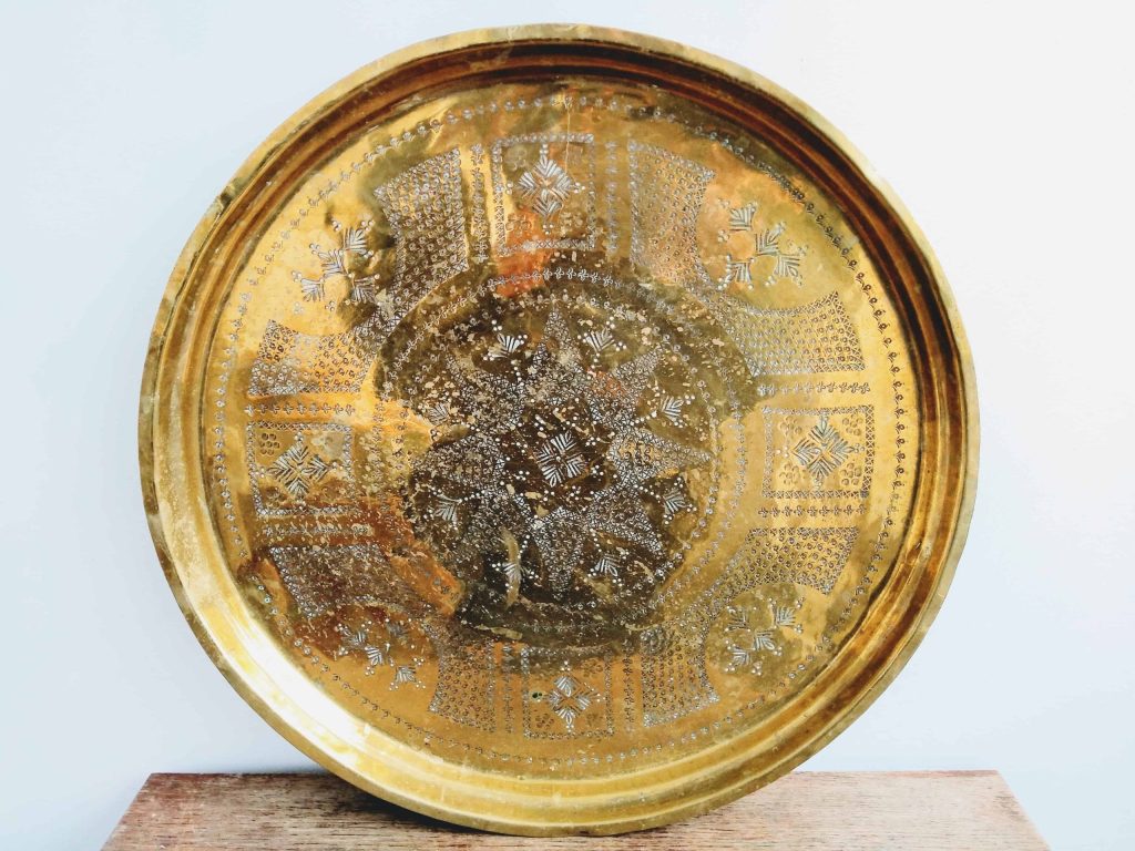 Vintage Moroccan Arabian Brass Circular Tray Plate Dish Charger Serving Wall Hanging circa 1950-60’s