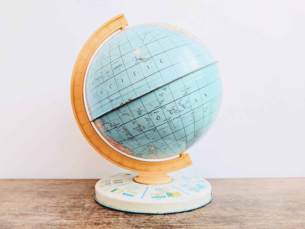 Vintage English Chad Valley Small Tin Plate World Globe tabletop spinning globe ornament gift office desk study c1960-70’s