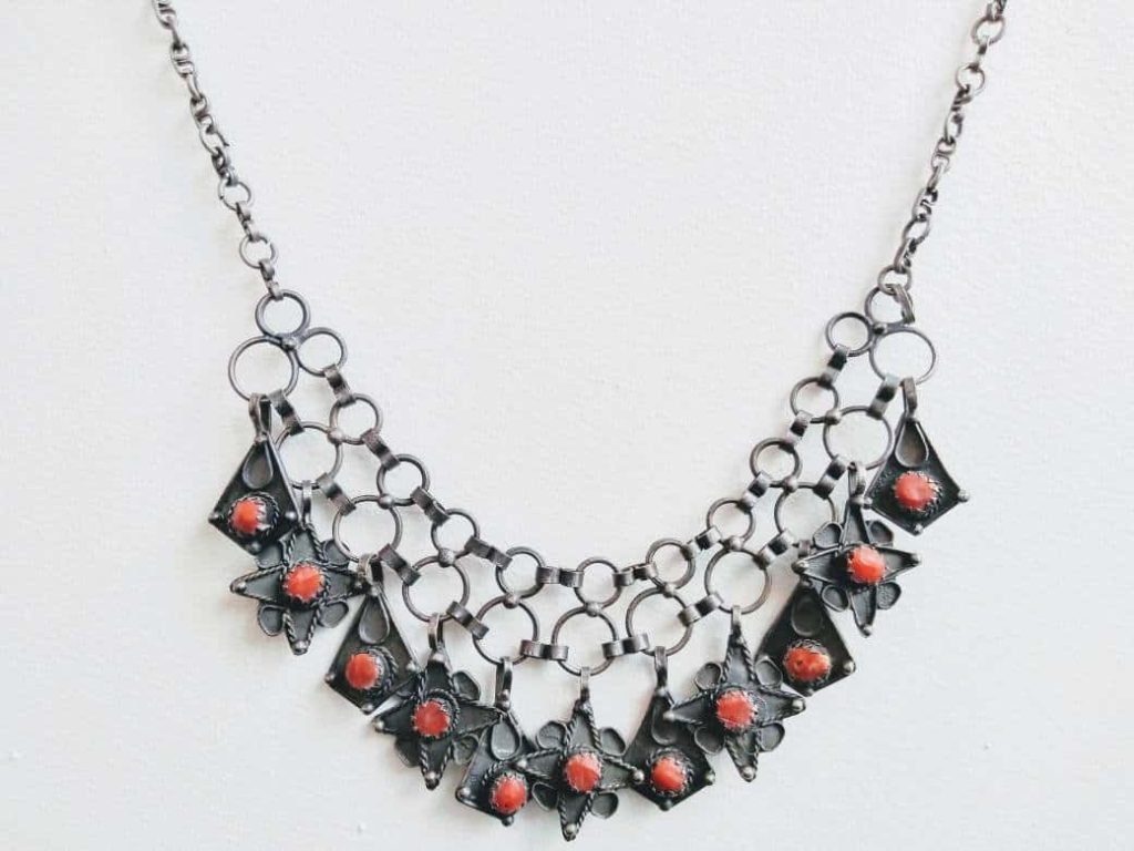 Vintage Moroccan Silver Metal with Red Dyed Coral Filigree Delicate  Necklace circa 1960-70’s