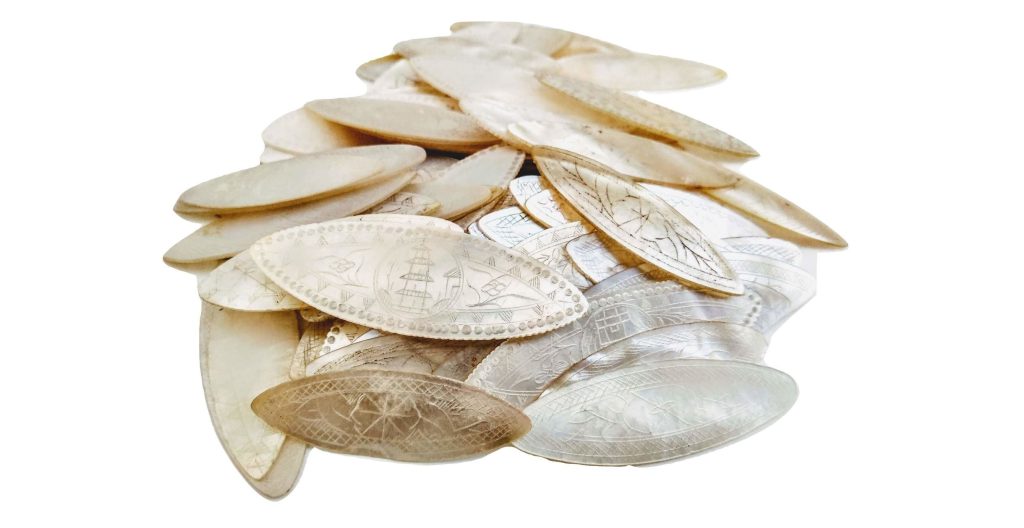 Antique Chinese Mother Of Pearl Collection Job Lot x 78 Mixed Gaming Chips Counters Tokens Hand Engraved circa 1800-1850’s