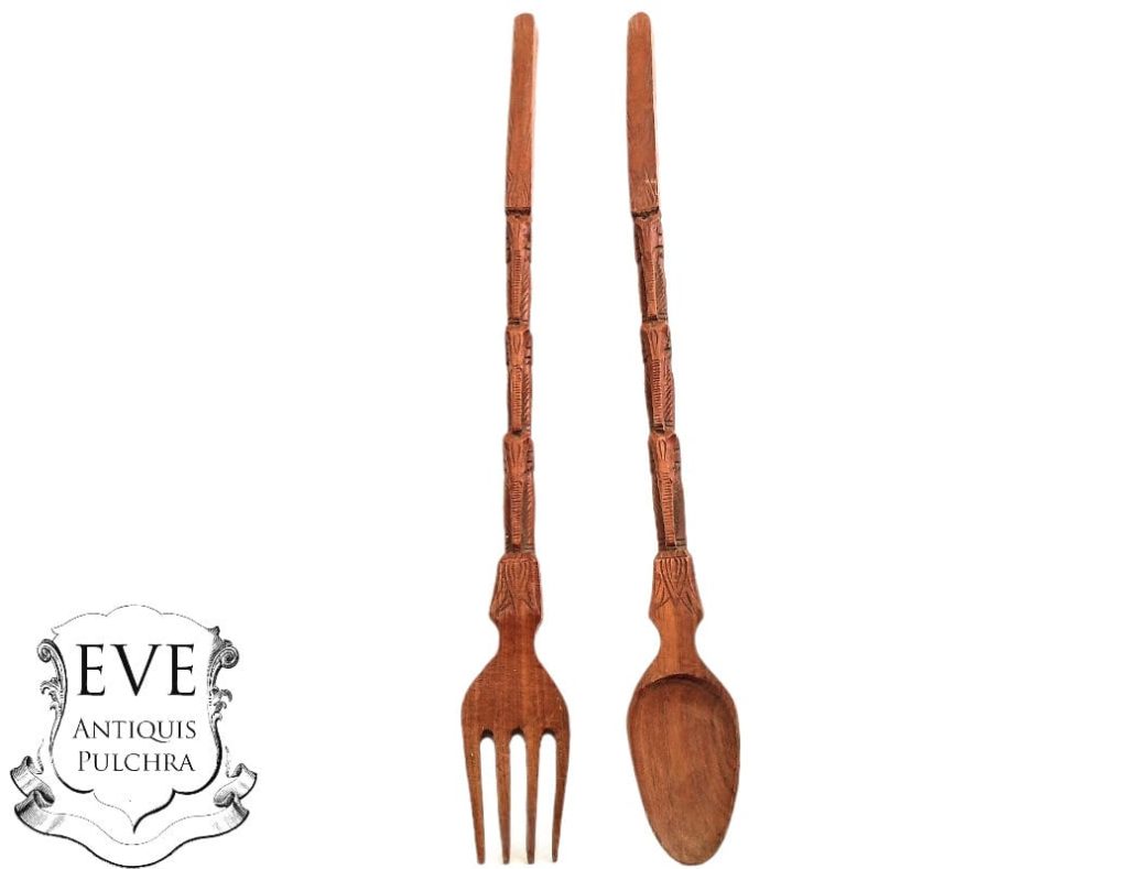 Vintage Thai Teak Carved Wood Wooden Giant Large Decorative Spoon And Fork Cutlery Wall Kitchen Decor Display c1970-80’s