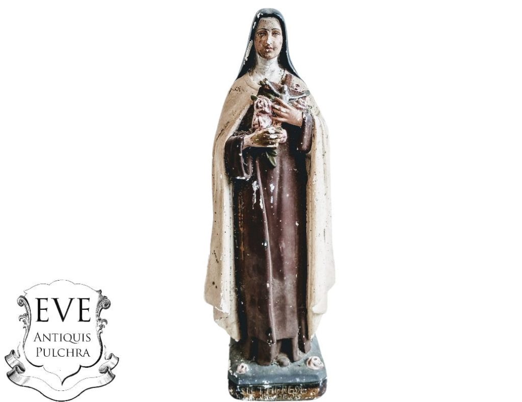 Vintage French Saint Therese Plaster Ornament Statue Icon Display Catholic Church Chapel Religious Symbol circa 1940-50’s