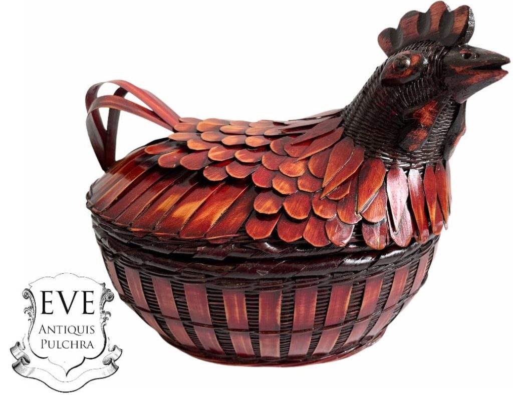 Vintage Chinese Chicken With Lid Wicker Basket Shanghai Collection Small Traditional Craftsman Made Wickerwork Woven c1970’s