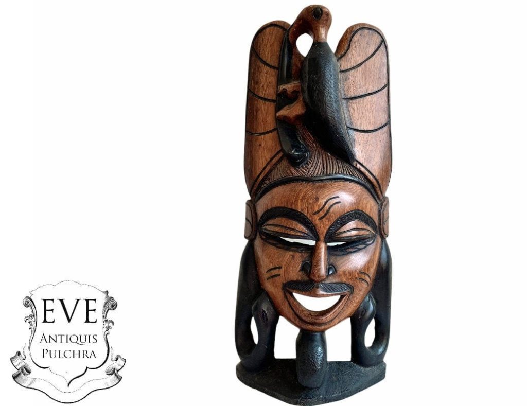 Vintage African Figurine Mask Statue Primitive Art Carving Wooden Wood Ornament Decorative Wall Display circa 1980-90’sop