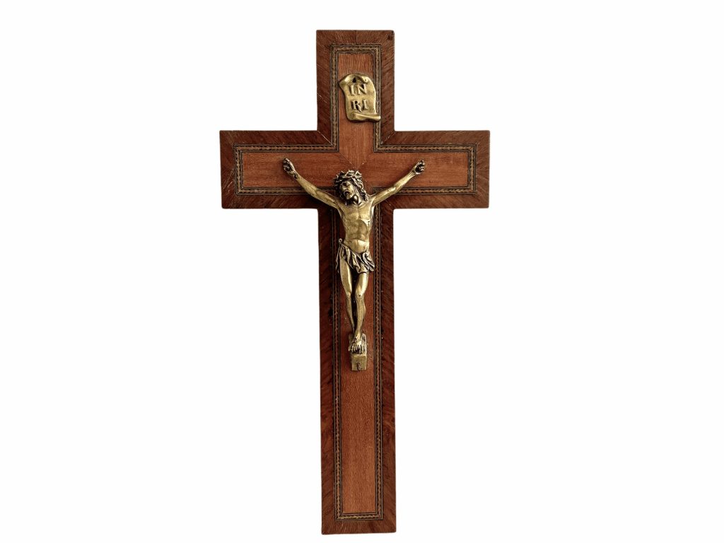 Vintage French Lourdes Crucifix Wood Metal Christ With Patina Catholic Church Chapel Cross Religious Symbol Jesus c1960-70's