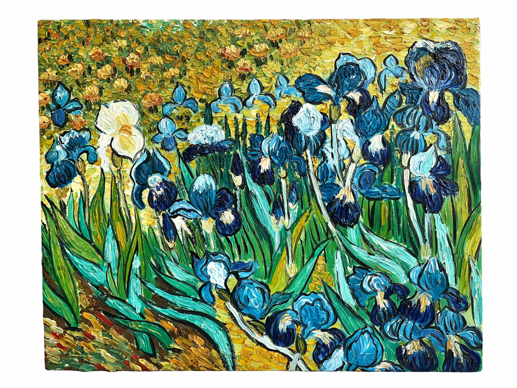 Vintage French Vincent Van Gogh Les Iris Reproduction Oil Painting Flowers Plants On Canvas Textured circa 1990-00’s