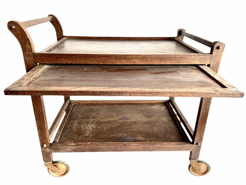 Vintage French Wheeled Serving Trolley Tray Shelved Shelving Push Cart Display Storage Pull Out Shelves Worn Wood Wooden c1970’s / EVE