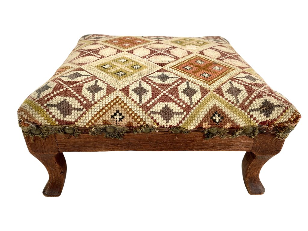 Vintage French Stool Cushioned Cross Stitch Small Wooden Wood Side Stand Foot Footstool Rest Design Tabouret c1940-50’s / EVE