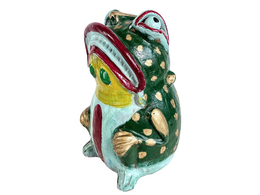 Vintage Terracotta Large Green Blue Gold Frog Piggy Bank Ornament Handmade Unusual Oddity Decor Design Froggy Freddy c1960-70’s / EVE