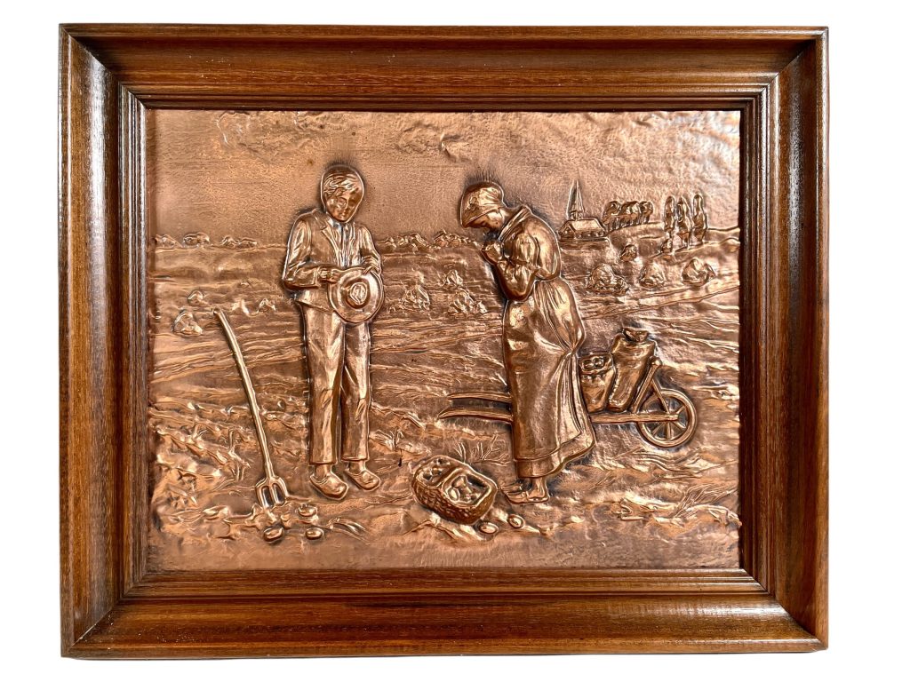 Vintage French The Angelus Jean-Francois Millet harvest farmer couple praying pressed copper image in frame circa 1960-70s / EVE