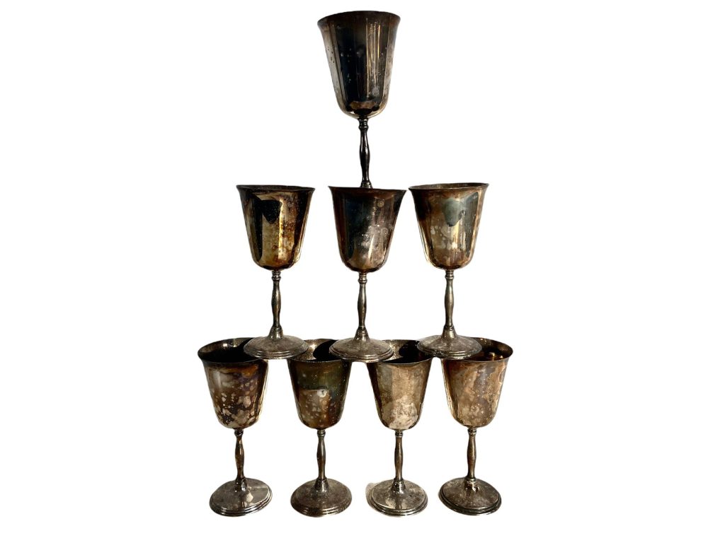 Vintage English EPNS Silver Plate Drinking Wine Goblets Metal Set Of Eight Chalice Cup Interior Design Decor Display c1940-50’s / EVE