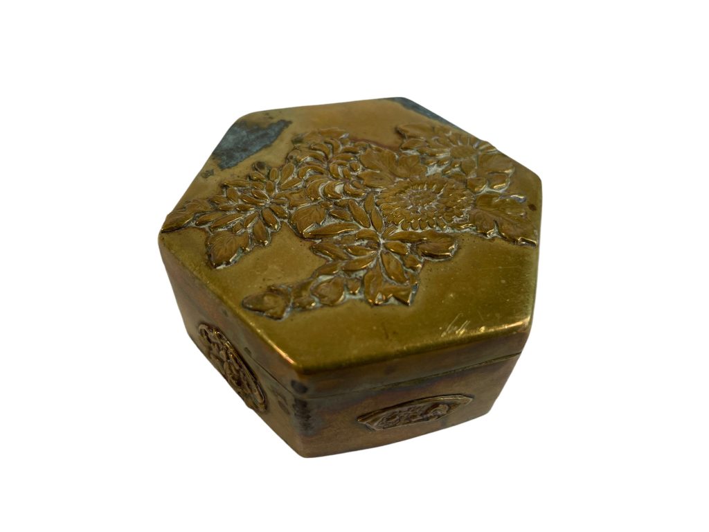 Vintage Japanese Flower Brass Hexagonal Lidded Box Jewellery Jewelry Trinket circa 1920-30’s / EVE