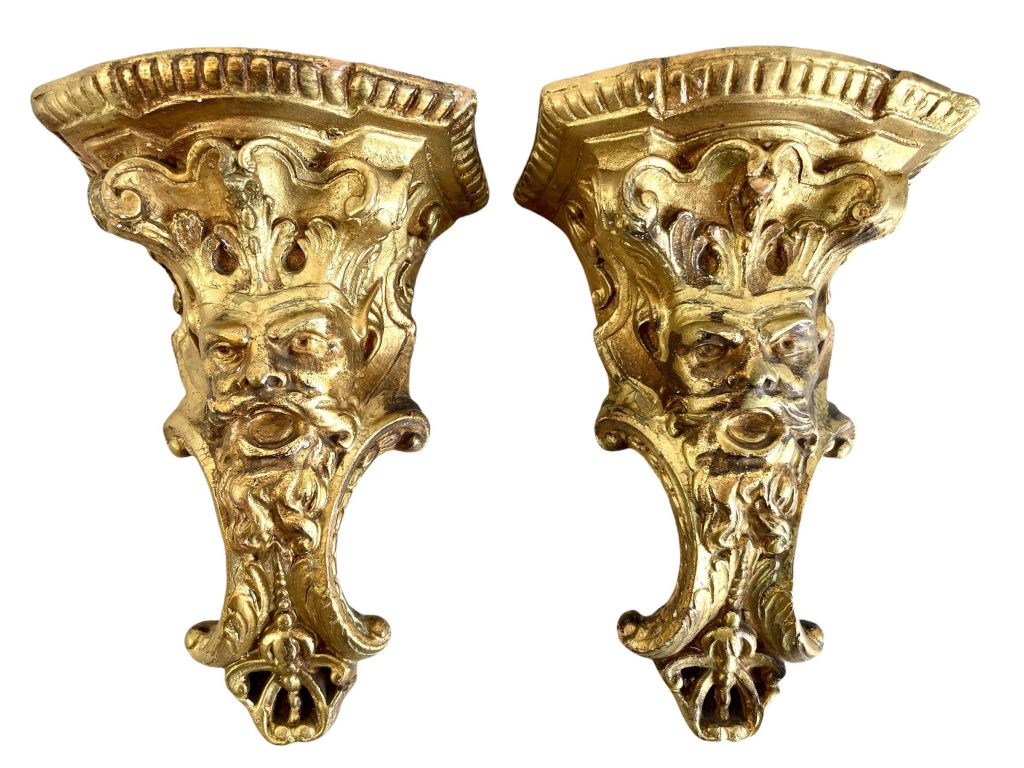 Antique French Small Shelf Florentine Style Florence Gold Plaster Ornately Decorated Gothic Face Wall Hanging Plinth Pair c1900-10’s / EVE