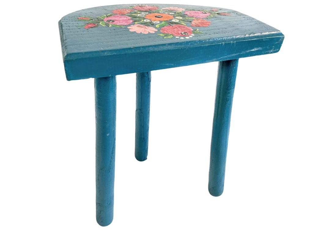 Vintage Stool French Traditional Hand Painted Flowers Blue Small Milking Wood Chair Plant Pot Stand D Seat Shaped Tabouret c1970-80’s / EVE