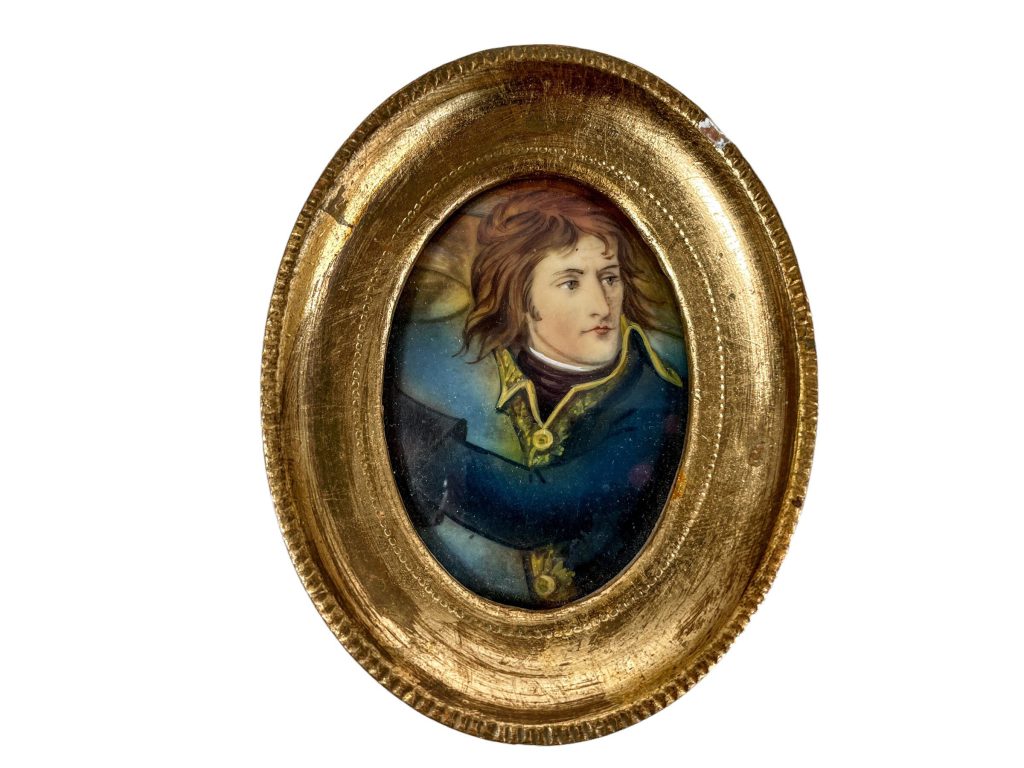 Vintage French Tiny Miniature Small Portrait Young Napoleon Painting In Gold Frame Glass Fronted France Decor circa 1949 / EVE