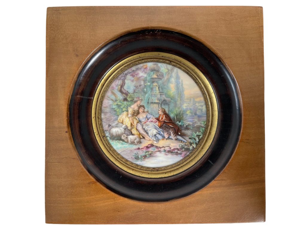 Antique French Small Miniature Tiny Circular Framed Painting Of Two Ladies With Suitor Dress Wall Decor Collector c1900’s / EVE