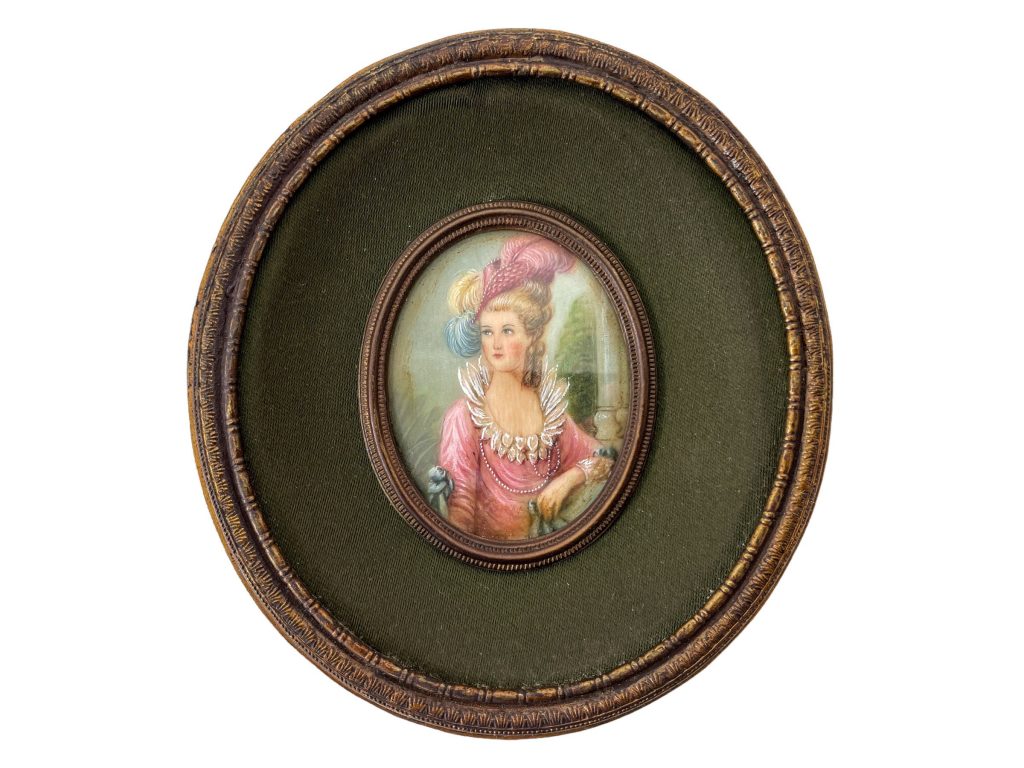 Antique French Small Miniature Tiny Oval Framed Painting Of Royal Lady Princess Dress Plumes Pearls Wall Decor Collector c1900’s / EVE