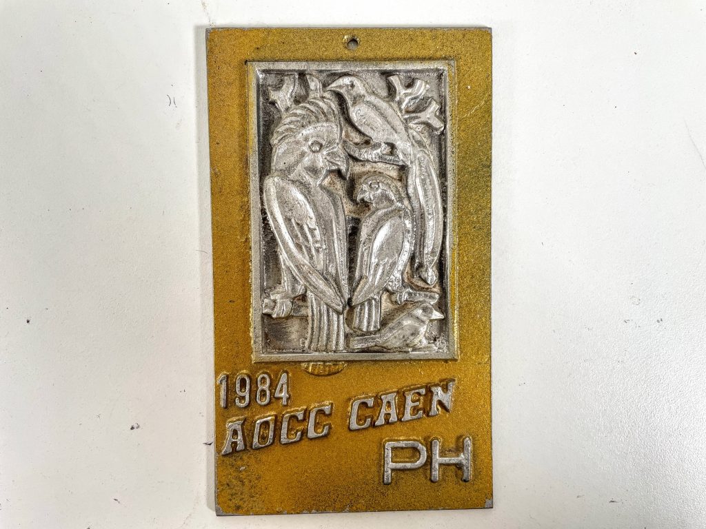 Vintage French Prize Bird Parrot Pet Show Prize AOCC Caen Shield Plaque metal trophy prize wall decor display circa 1984 / EVE