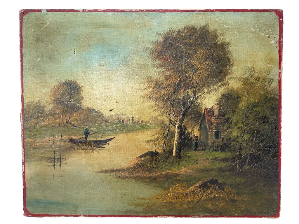 Antique French Painting Of River Scene Oil River Punt Boat Cabin Skyline Scenic On Canvas c1890’s / EVE