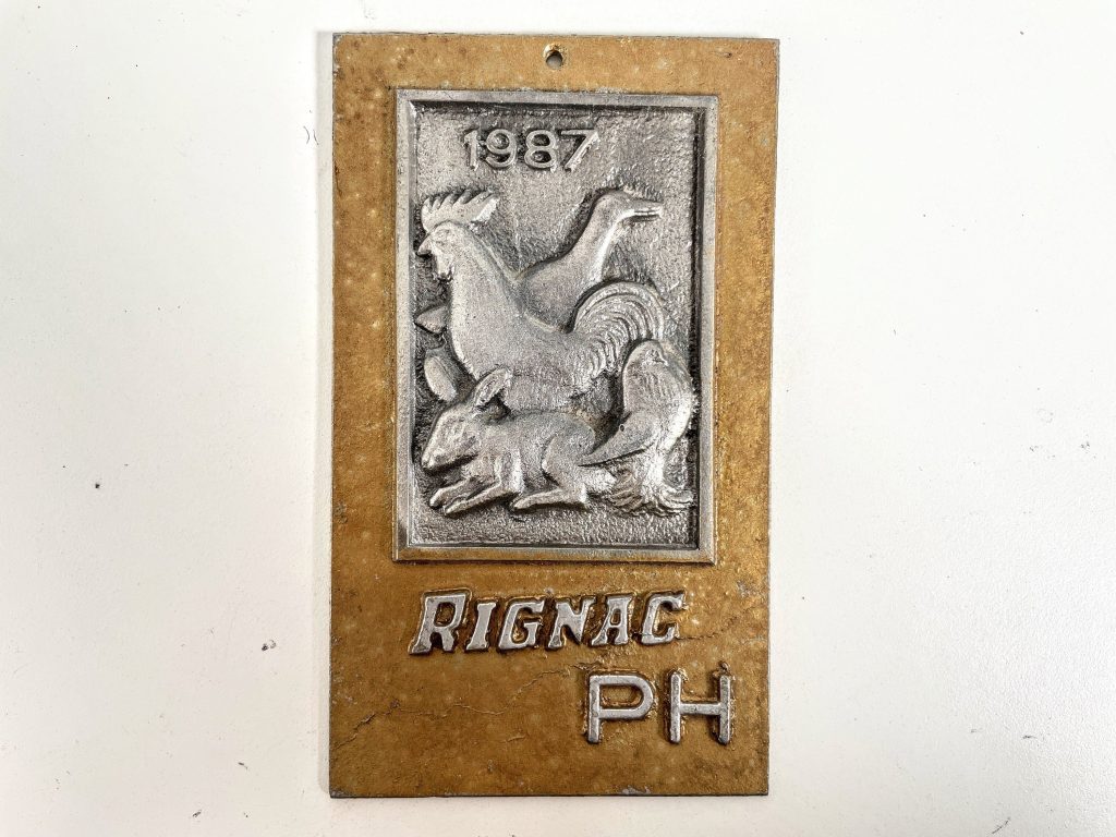 Vintage French Bird Pigeon Poultry Pet Show Chicken Rignac Prize Shield Plaque metal trophy prize wall decor display c1987 / EVE