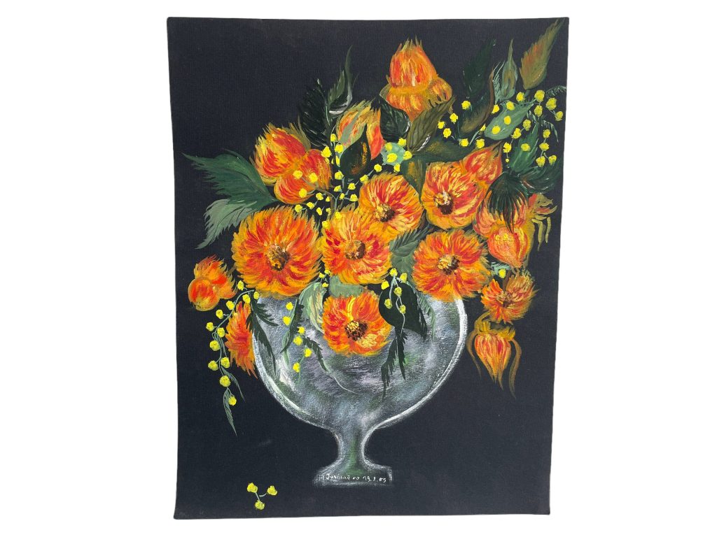 Vintage French Acrylic Painting Of Flowers On Black Paper Naive Style Wall Decor By Josiane Pasquier c1965 / EVE