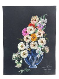 Vintage French Acrylic Painting Of Flowers On Black Paper Naive Style Wall Decor By Josiane Pasquier c1963 / EVE 3