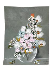Vintage French Acrylic Painting Of Flowers On Paper Naive Style Wall Decor By Josiane Pasquier c1970 / EVE