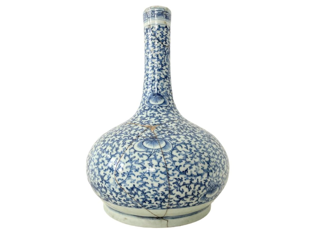 Antique Repaired Bottle Vase Chinese Blue White Ceramic Historic Repair Jar Storage Display Mantlepiece circa 1800’s / EVE