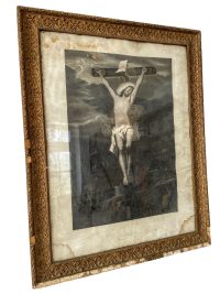 Antique German Framed Crucified Jesus Religious Church Catholic Nunnery Monastery Print Frame Wall Decor c1860-1900’s / EVE