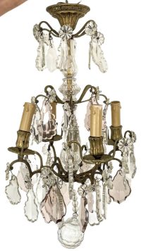Vintage French Large Light Metal Glass Chandelier Sconce Brass Metal Electric Lamp Four Bulb Electric Pendant DAMAGED c1950-1960’s 3