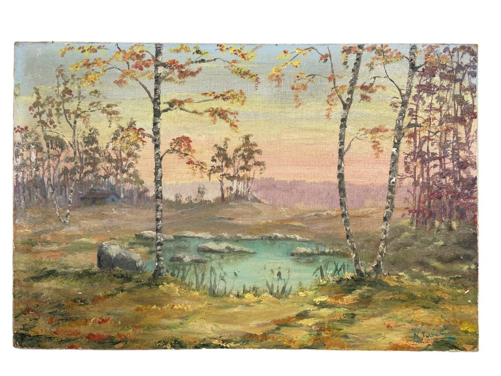 Vintage French Spring Pond Waterway Trees Woodland Oil Painting On Canvas Signed circa 1950-60’s