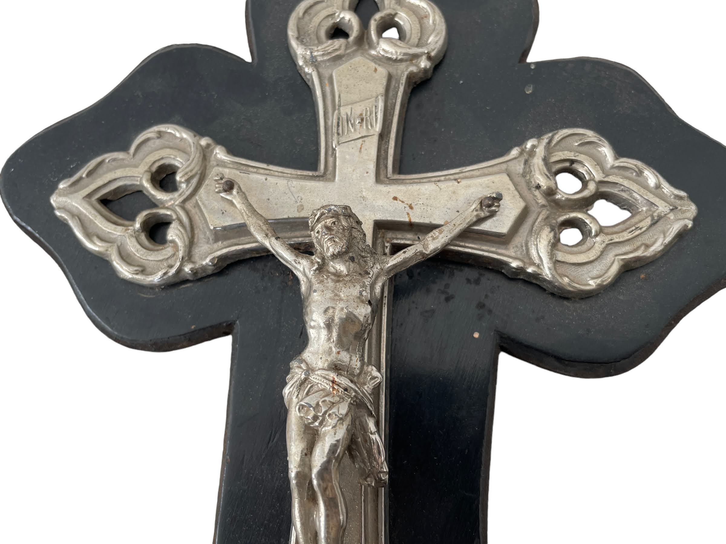 Antique French Silver Metal Wood Crucifix Blessing Font Jesus Catholic