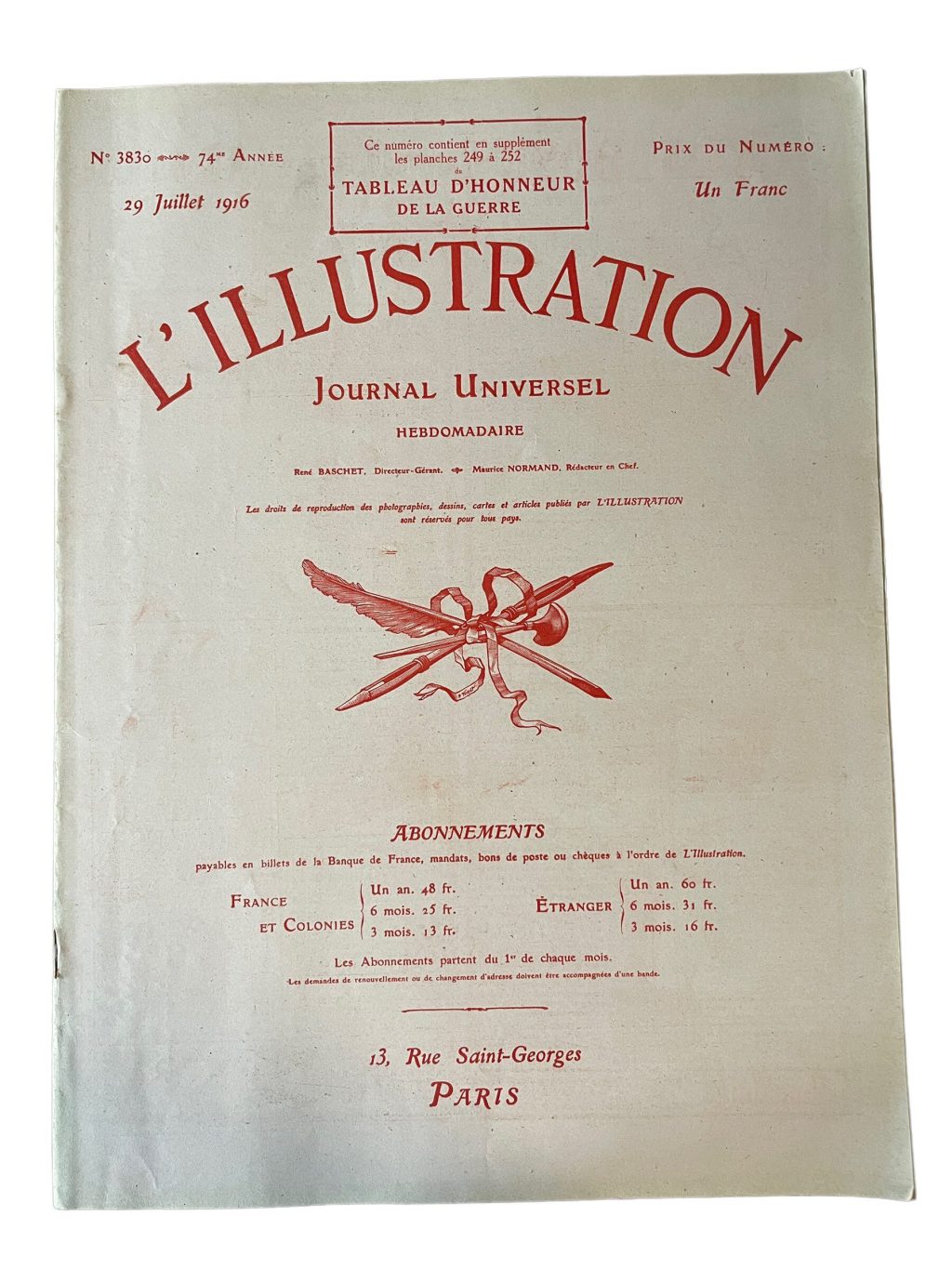 Antique French L’Illustration Le Magazine Journal Universel Hebdomaderie Number 3830 Memorabilia Collector 29 Juillet July 1916 / EVE