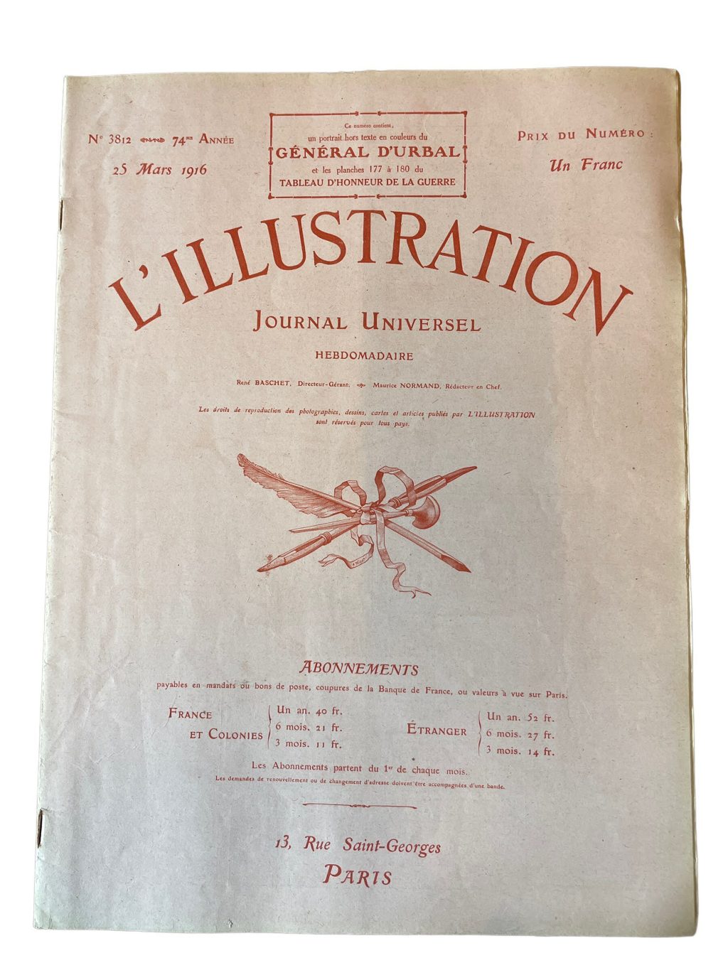 Antique French L’Illustration Le Magazine Journal Universel Hebdomaderie Number 3812 Memorabilia Collector 25th Mars March 1916 / EVE