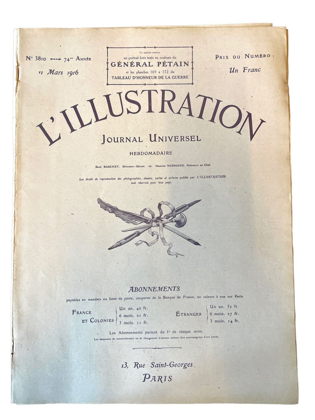 Antique French L’Illustration Le Magazine Journal Universel Hebdomaderie Number 3810 Memorabilia Collector 11th Mars March 1916 / EVE