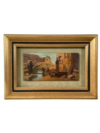 Vintage Oil Painting On Wood Signed L. Gortot Reframed River Bridge House Village circa 1960-70’s 3