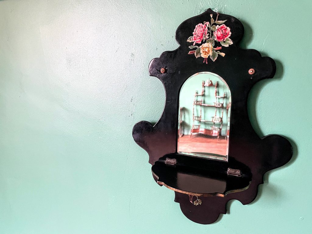 Antique French Black Lacquered Roses De Coupage Wooden Mirror Glass Wall Decorative circa 1920's / EVE