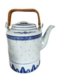 Vintage Chinese Tea Pot Teapot White Blue Rice Grain Pattern Asian Ceramic Ornament Serving Time Display circa 1970-80’s 3