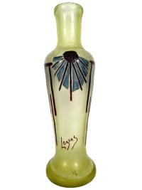 Antique French Legras Signed Translucent Green Hand Painted Glass Pot Vase Container Storage Display Prop c1910-20’s