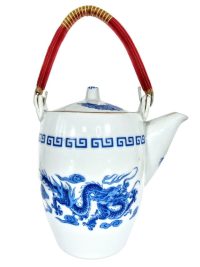 Vintage Chinese Tea Pot Teapot White Red Dragon Pattern Asian Ceramic Ornament Serving Time Display circa 1970-80’s