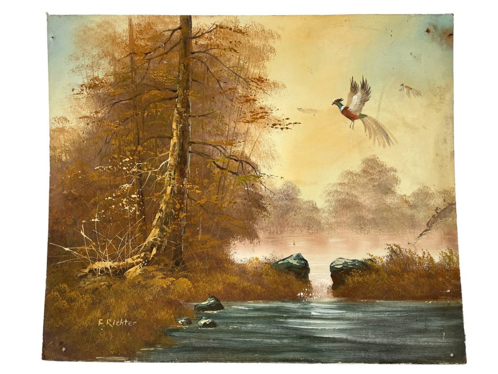 Vintage French Countryside Painting Acrylic Pheasant Pheasants Bird Skyline Trees Woodland Field Scenic On Canvas Board c1960-70’s
