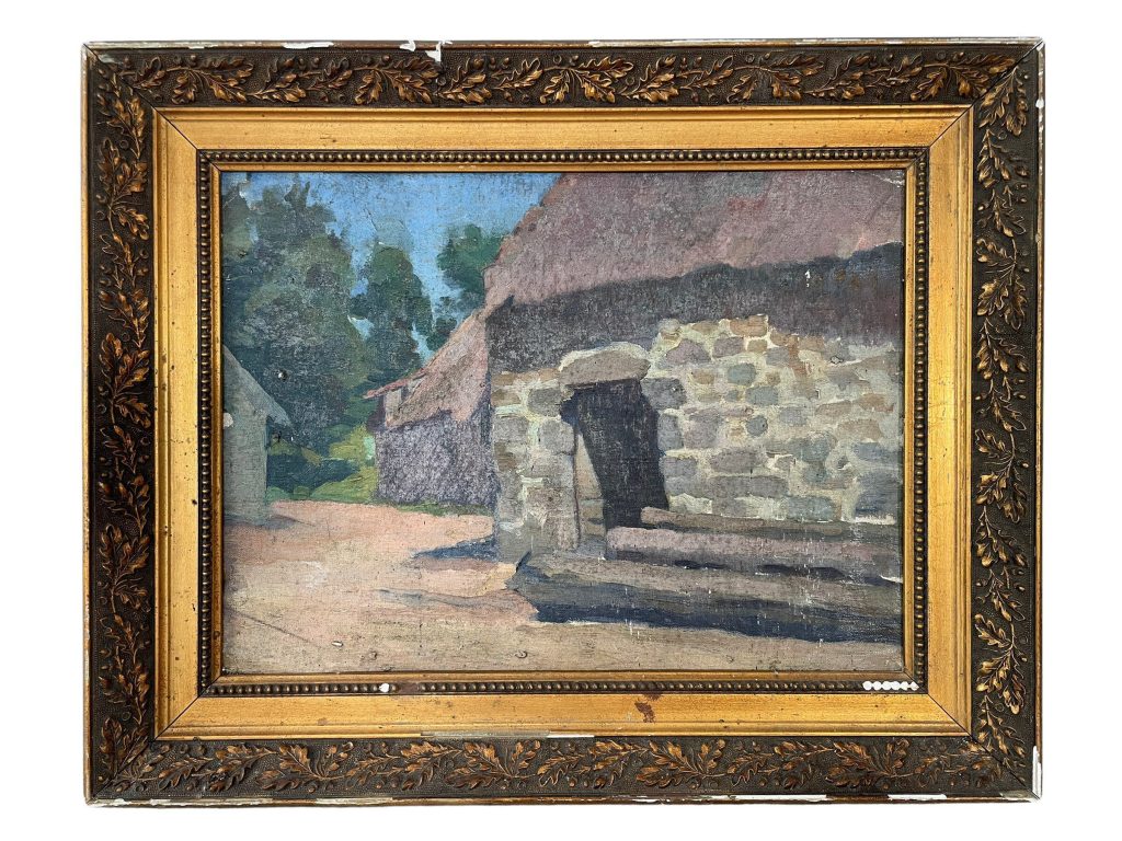 Vintage French Countryside Painting Acrylic Dwelling Barn Skyline Trees Woodland Field Scenic On Canvas Oak Leaf Frame c1920-30’s