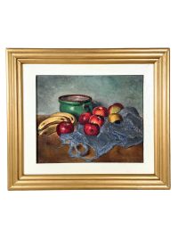 Vintage French Still Life Apples Bananas Apron Stoneware Pot Oil Painting On Canvas Blue Green Red circa 1928 3
