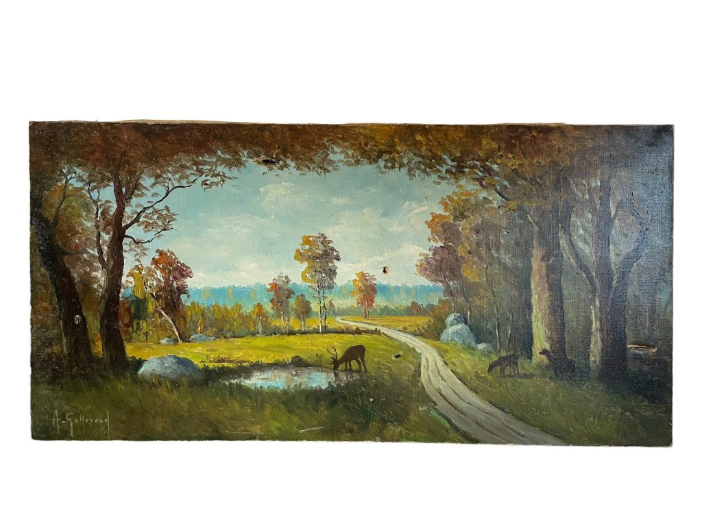 Vintage French Normandy Deer Trees Tree Woodland Oil Painting On Canvas Normandy circa 1930-40’s