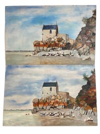 Vintage French Chapel Church By The Sea Painting Acrylic Trees Seaside On Wood Board Double Take Poulain c1970’s 3