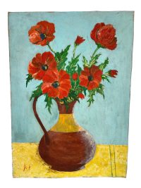 Vintage French Still Life Red Poppies In Jug On Board Painting Acrylic c1970’s 3