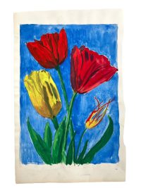Vintage French “Blue Reach” Flowers Tulips Acrylic Painting On Paper Wall Decor Decoration Portrait Man c1970-80’s 3