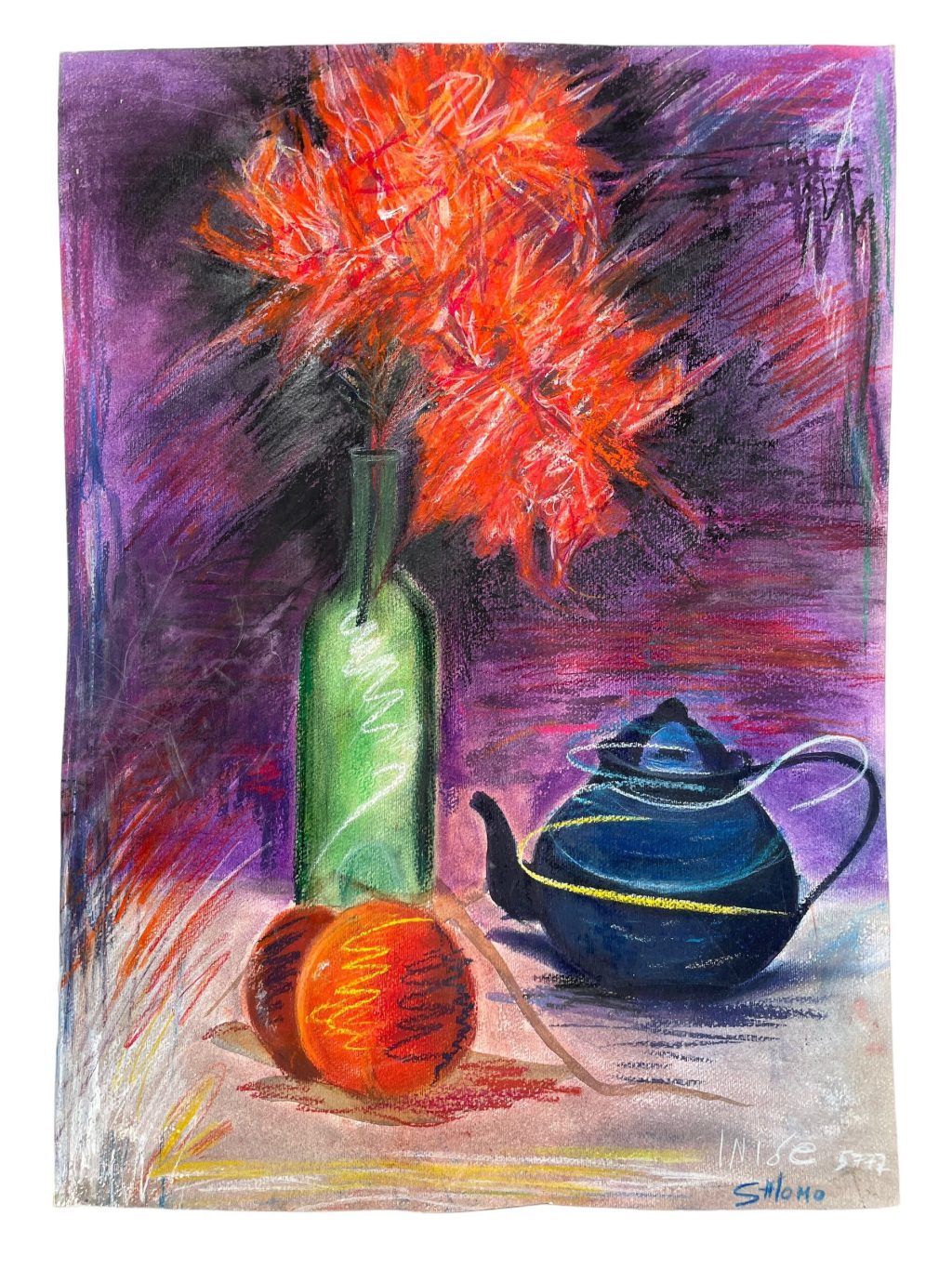 Vintage French "Purple Haze" Flowers Still Life Pastels Large Painting Drawing On Thick Paper Wall Decor Decoration c1980-90's