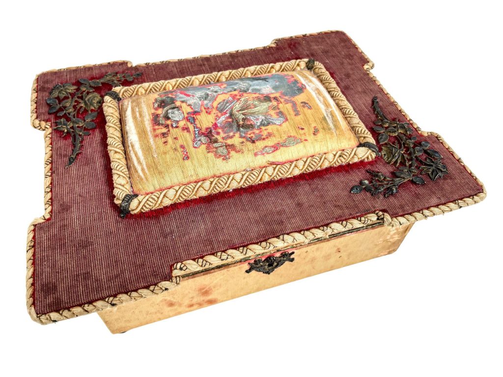 Antique French Fabric Covered Pin Cushion Sewing Wooden Coffret Storage Box Paperwork Valuables Jewellery Knick Knacks Case c1910-20's