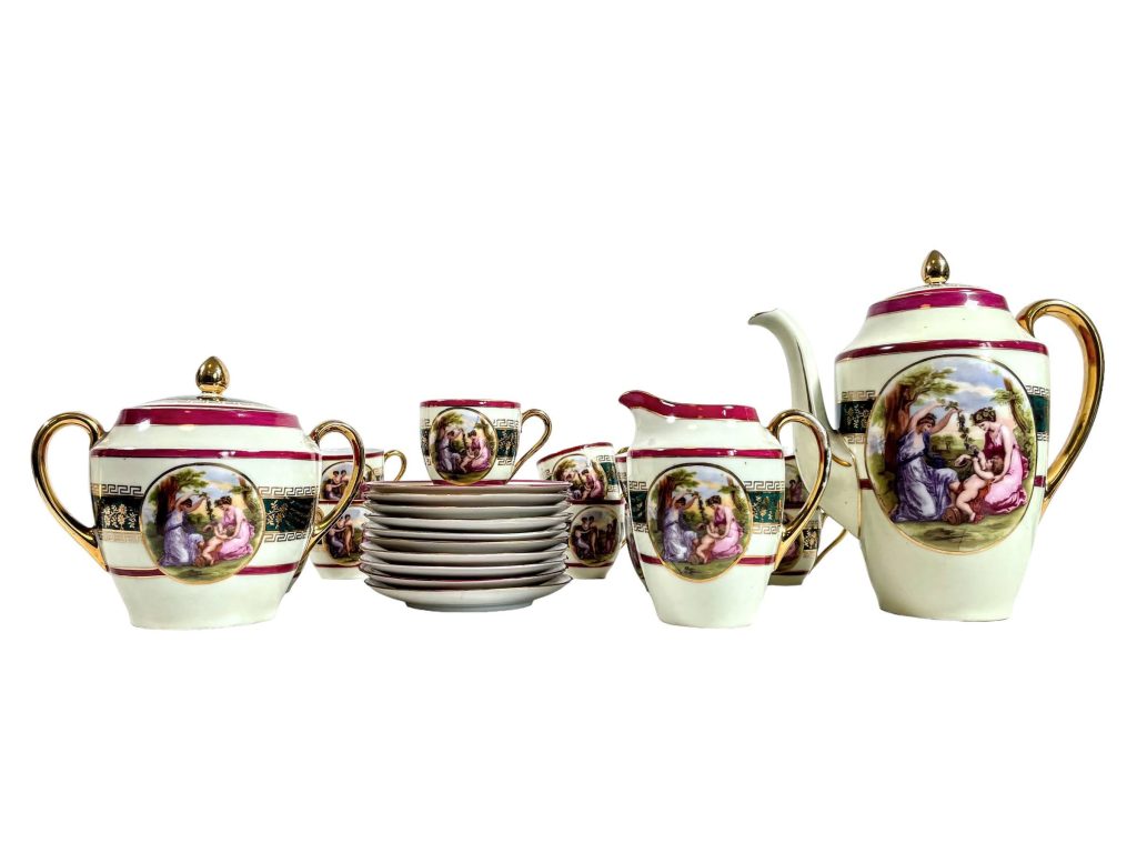 Vintage Austrian Angelica Kauffman Vienna China Coffee Set Pot Cup Cups Jug Sugar Pot Ornate Ten Cups Saucers circa 1950-60’s
